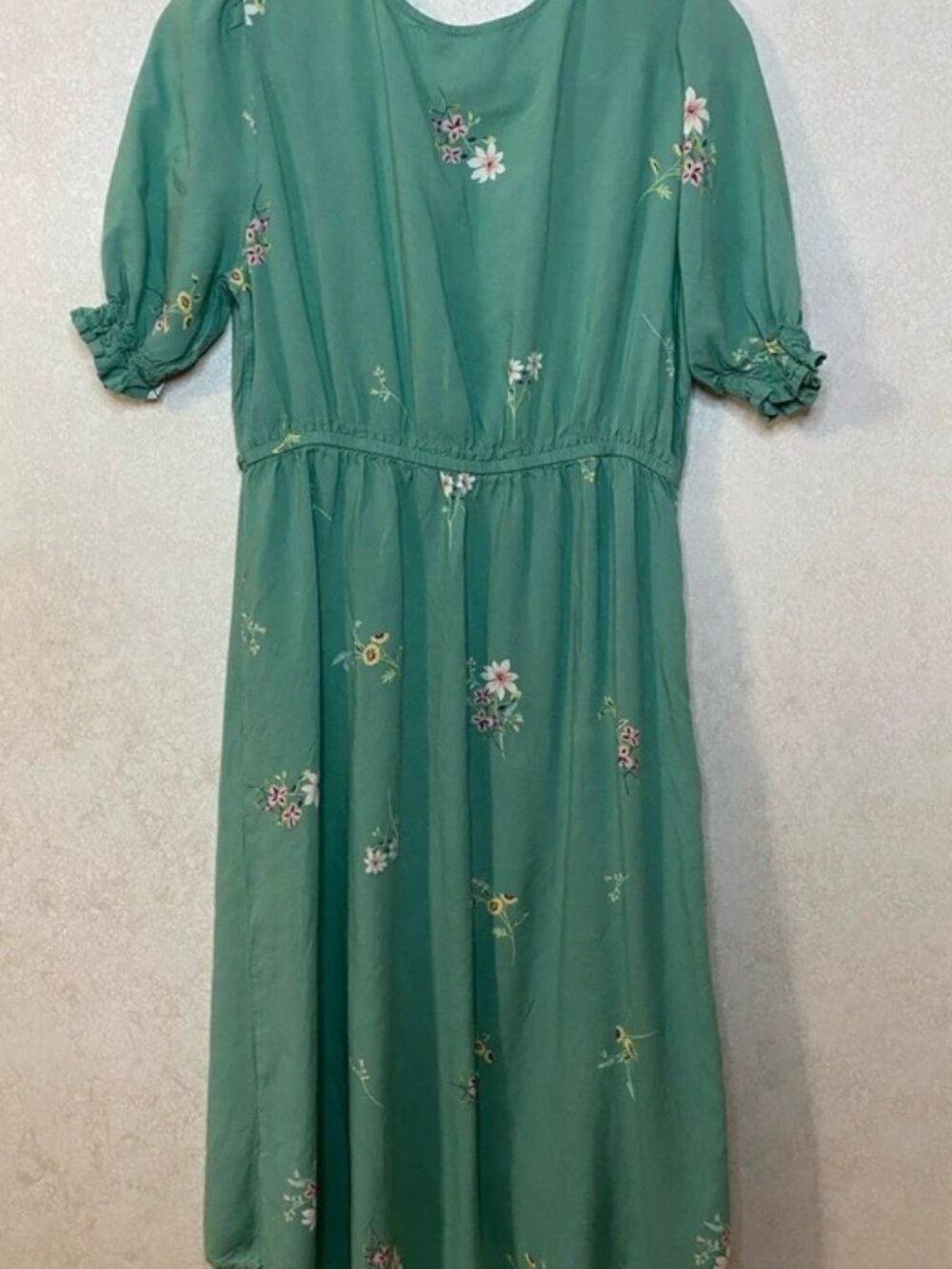 Women’s Mint Green Floral Wrap Midi Dress with Puff Sleeves, M / US 8–10